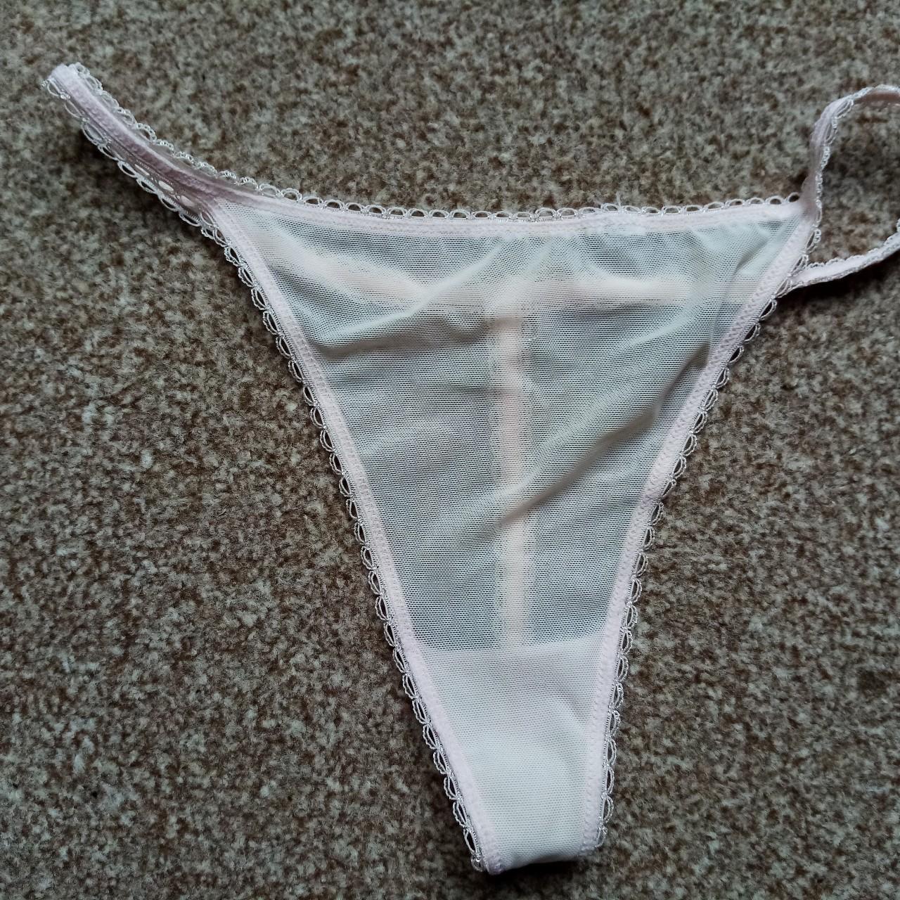 Sheer pink G-string with diamante heart shaped motif... - Depop