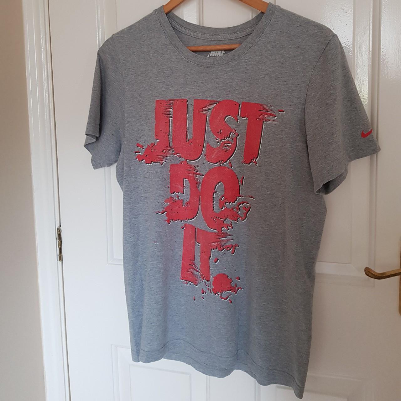 Grey Nike T-Shirt in a size Small. Red Just Do It on... - Depop