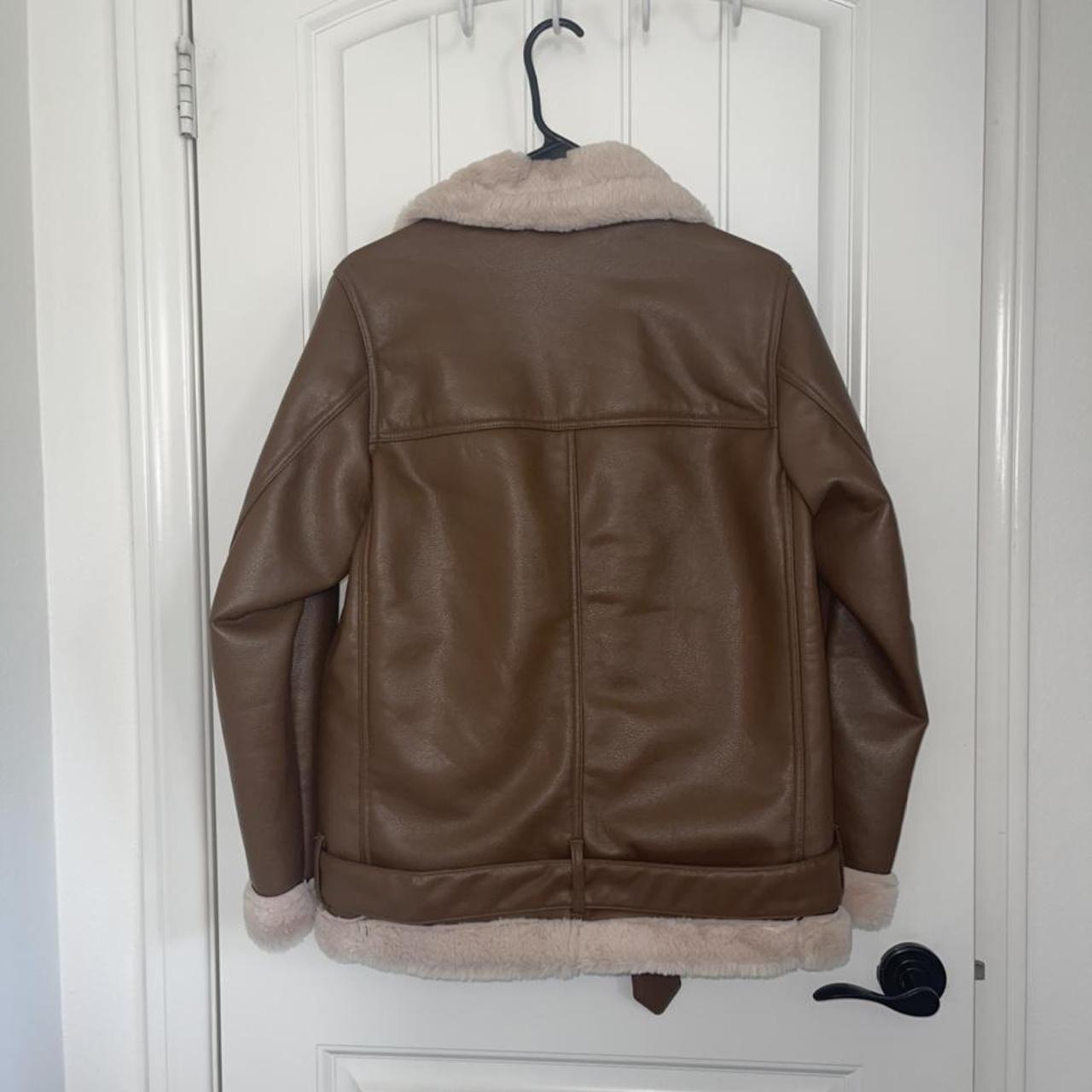 FAUX LEATHER BROWN JACKET/COAT With fur... - Depop
