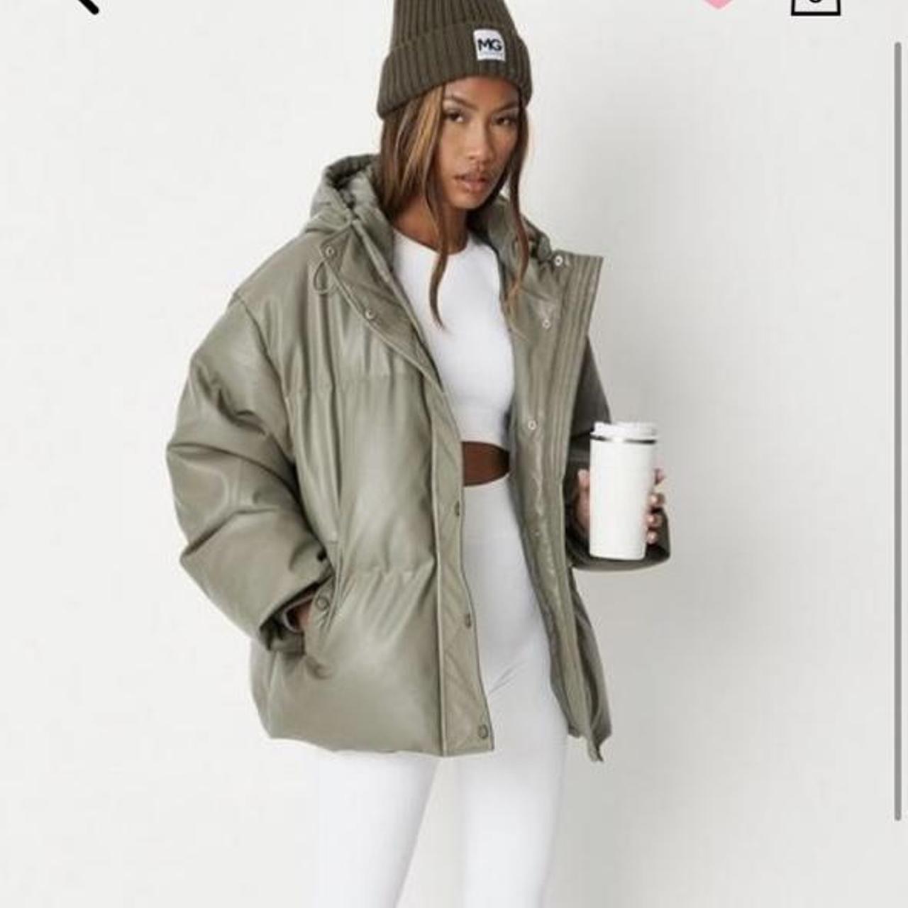 khaki faux leather hooded puffer jacket