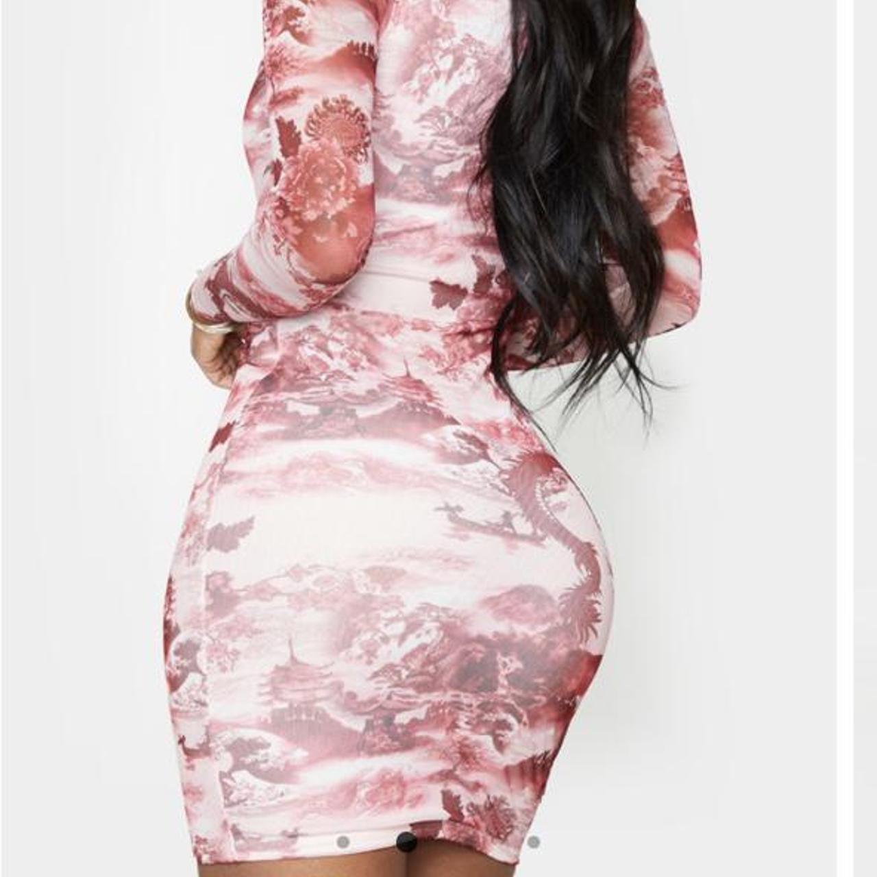 shape pink printed high neck mesh bodycon dress