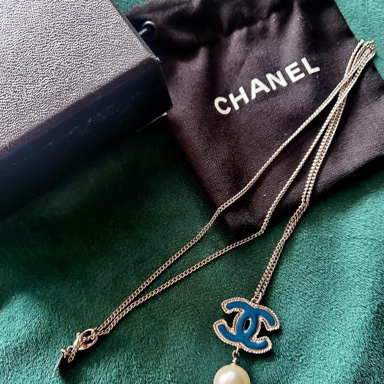 Chanel Necklace Blue enamel CC pendant with faux... - Depop