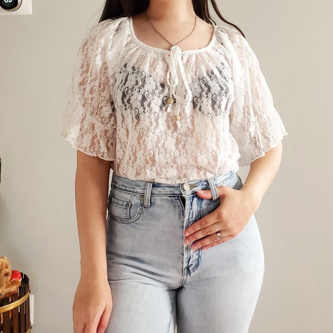 Cute little white lace top with an elastic ruffled... - Depop