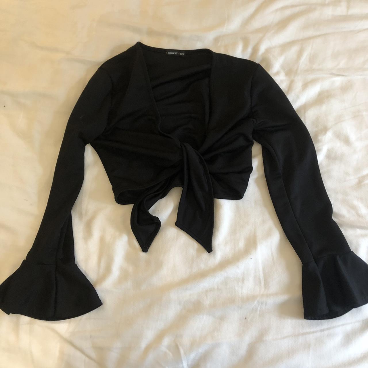 Black tie front cropped top with flares sleeved!... - Depop