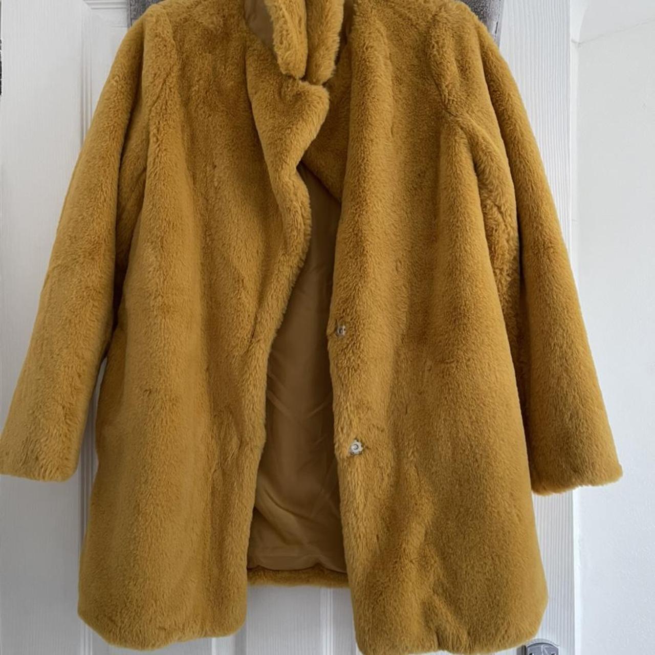 Mustard yellow faux fur coat from New Look. Size... Depop