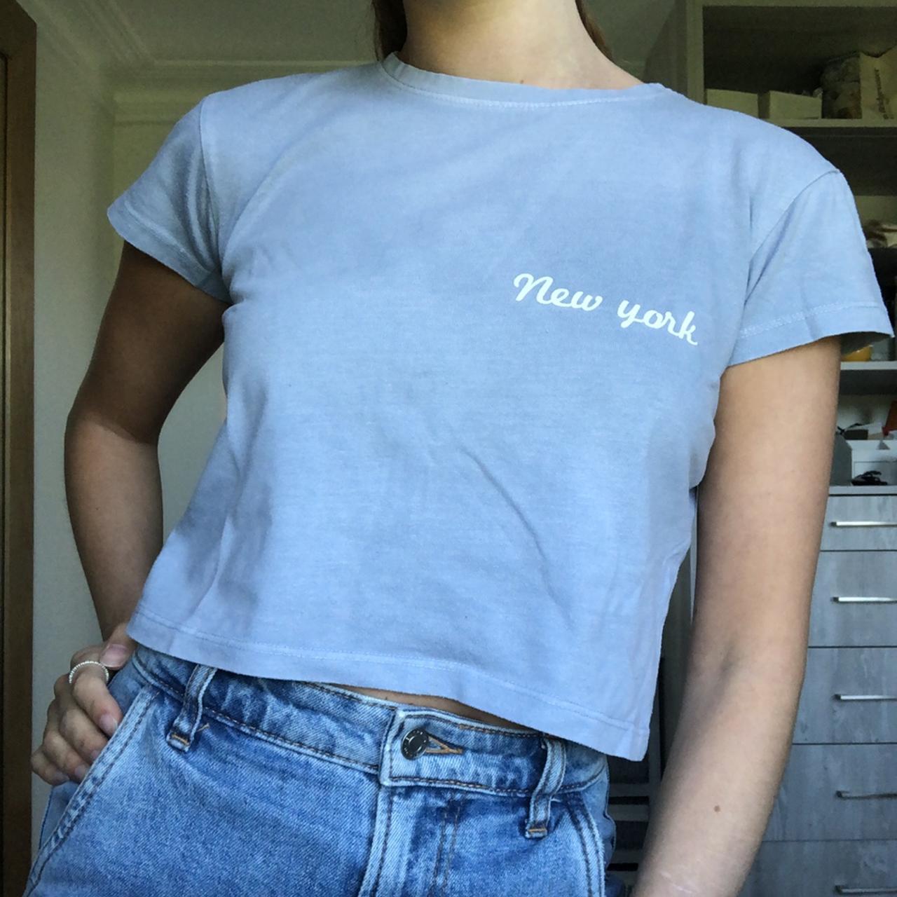 Brandy Melville Blue Cropped New York Tee Short Sleeve Raw Hem Cute READ