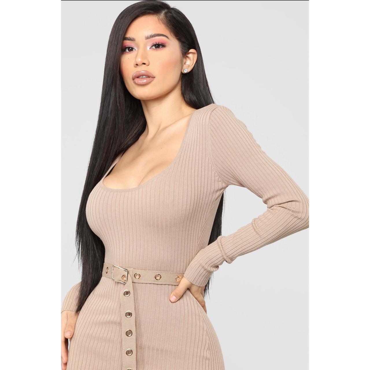 Nude Ribbed Long Sleeved Belted Dress Never Been Depop 7369