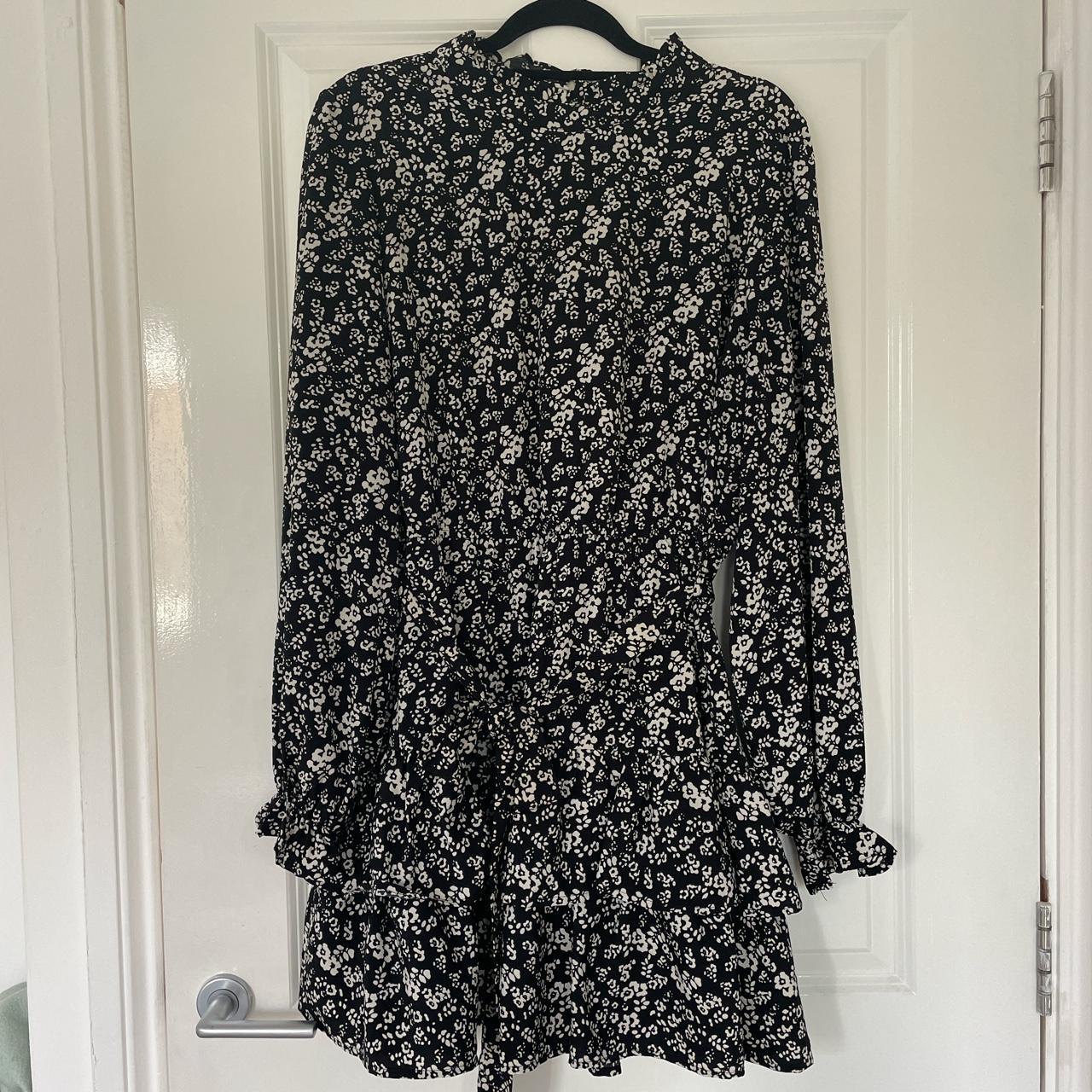 Gorgeous black floral ruffle high neck mini dress... - Depop