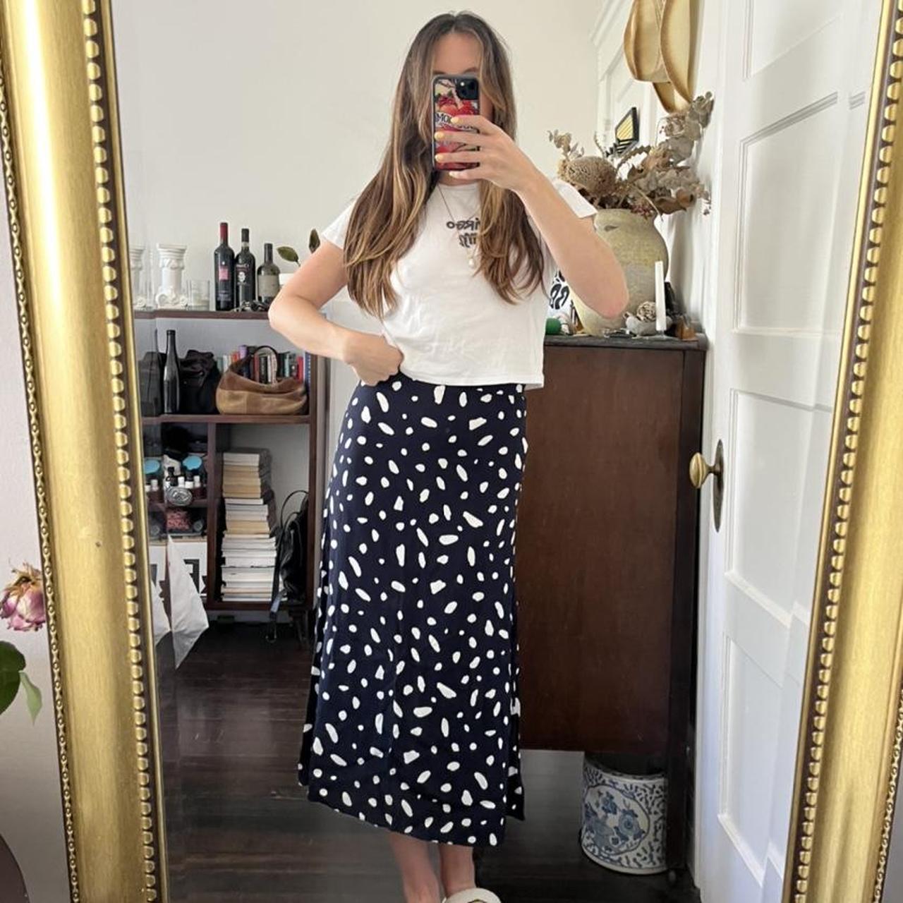 navy and white spotted skirt