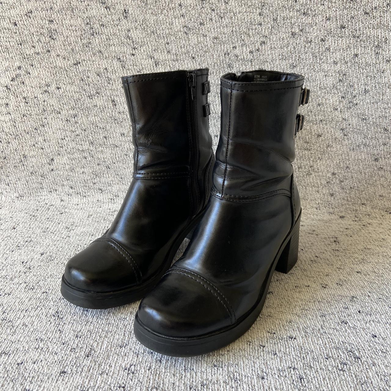 Mudd Chunky Heel Black Leather Biker Boots Style... - Depop