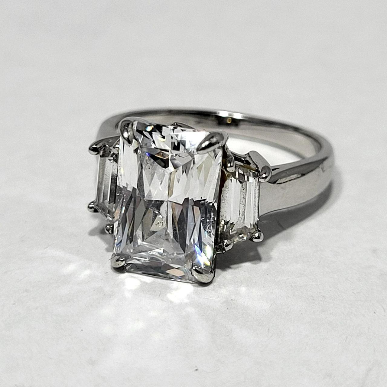 Large Emerald Cut CZ Three Stone Accented Sterling... - Depop