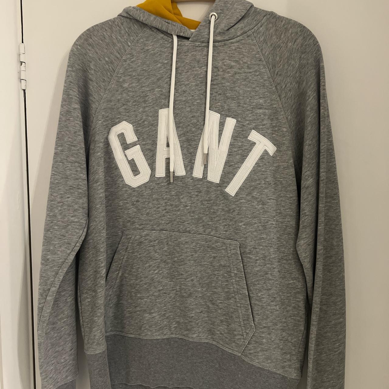 Grey gant hoodie with white logo and yellow... - Depop
