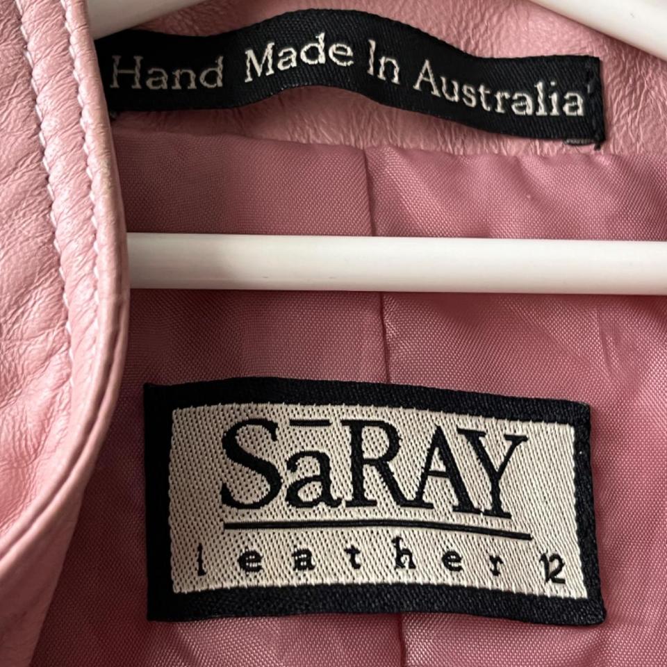 Pink leather jacket, Saray, leather, size 12, - Depop