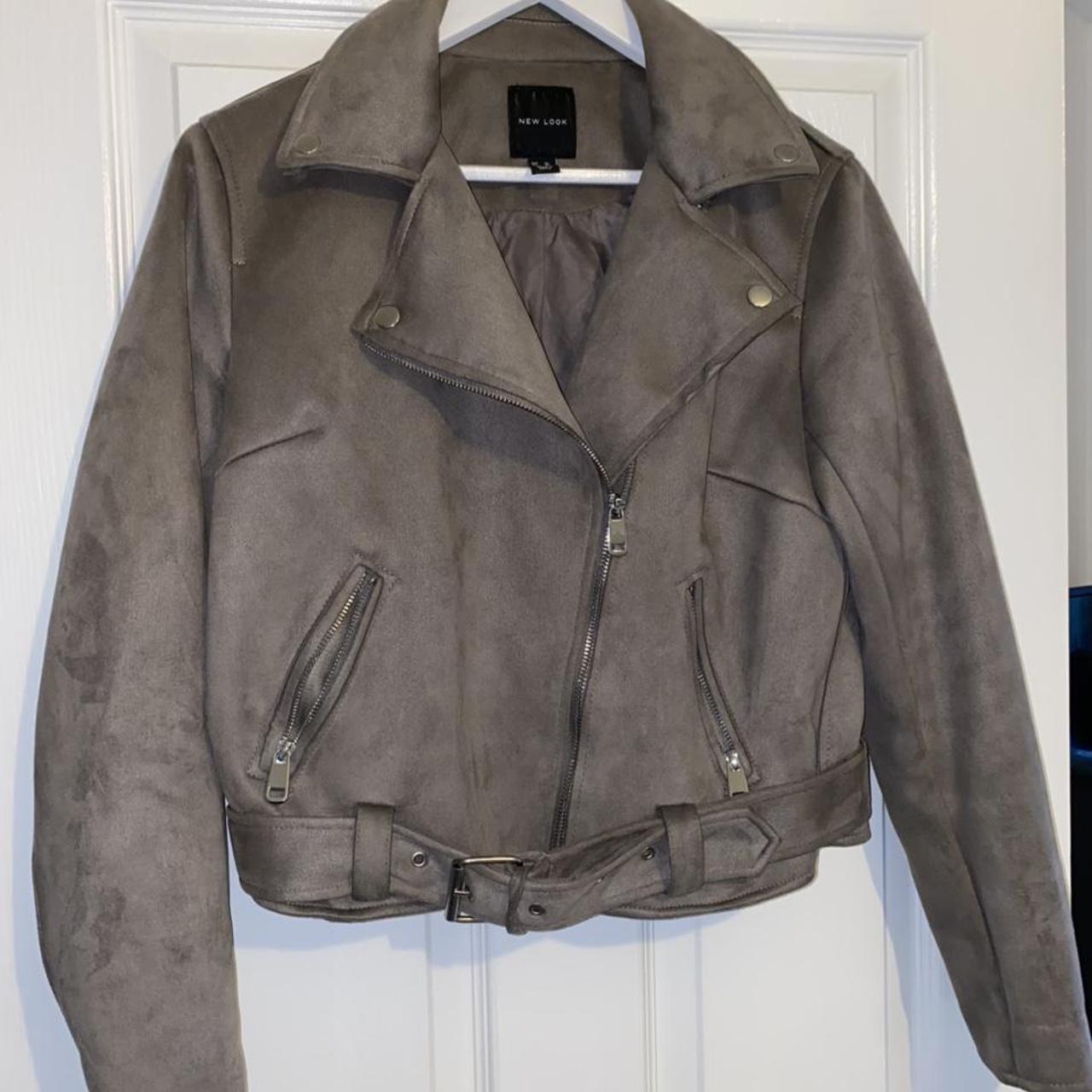 new look suede leather jacket in grey. worn a few... - Depop