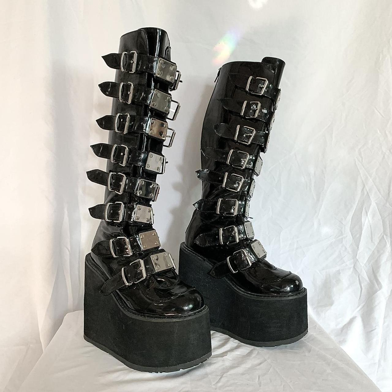 Demonia Women's Black and Silver Boots | Depop