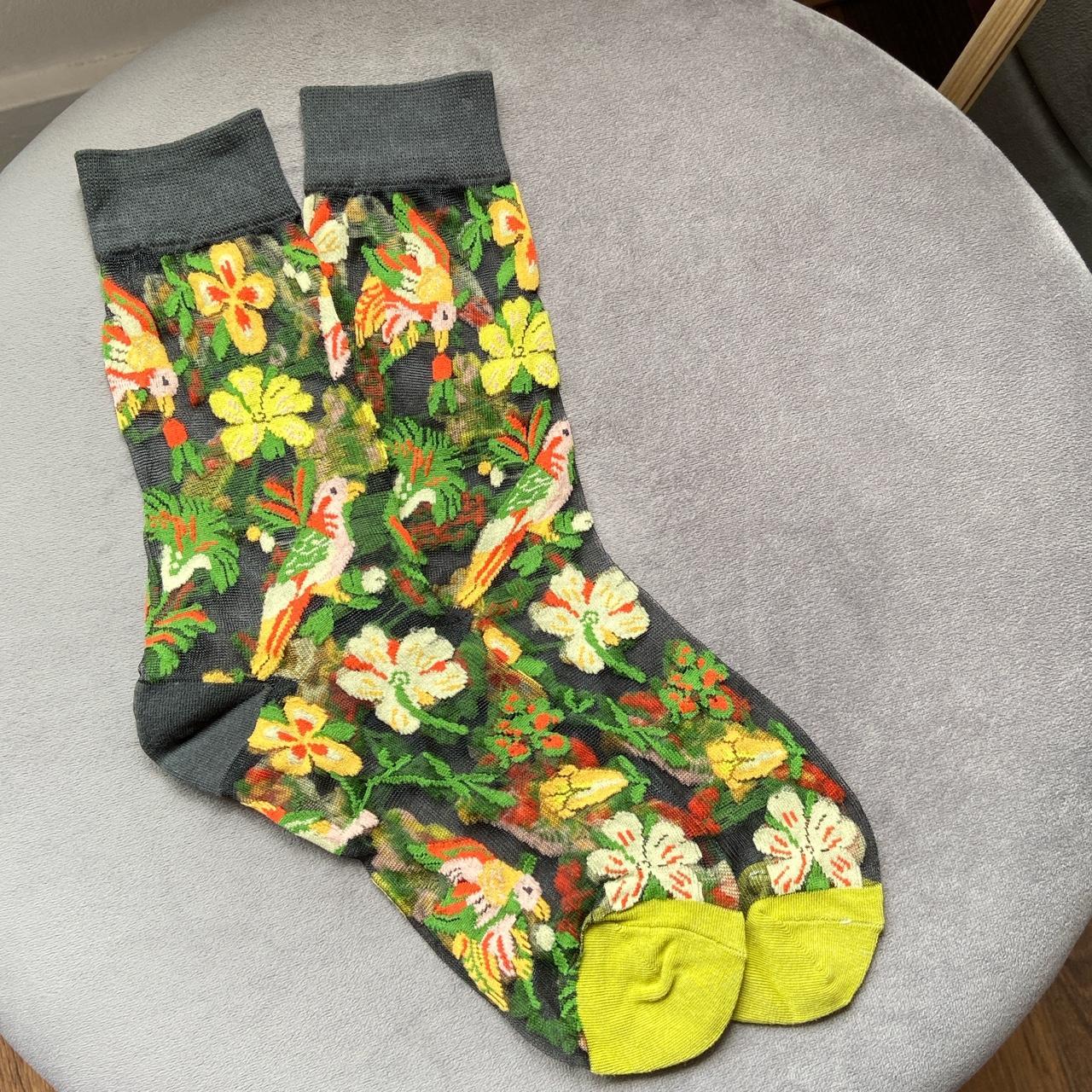 Sheer Black Ankle Socks With Colourful Birds of... Depop