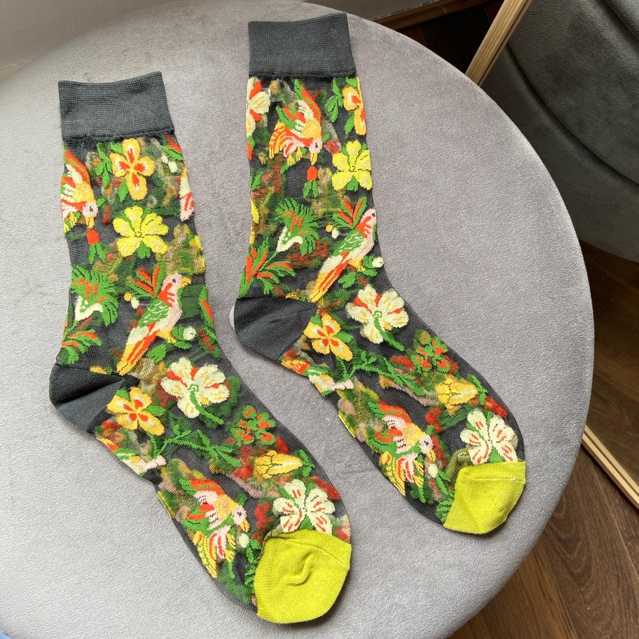 Sheer Black Ankle Socks With Colourful Birds of... Depop