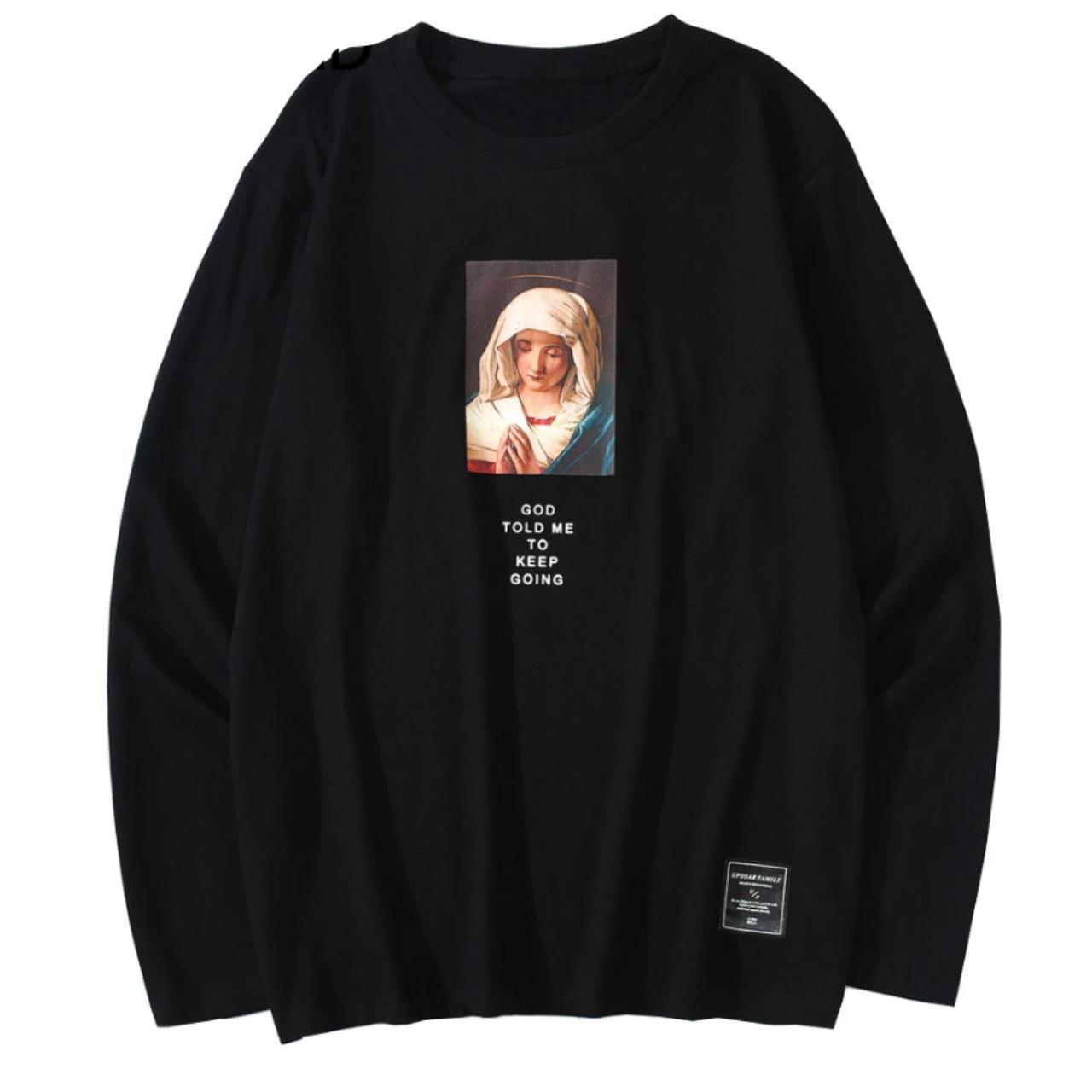 Virgin Mary Print Long Sleeve Cotton Tees Shirts... - Depop