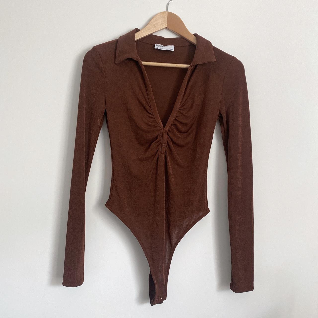 Bershka Ruched Front Polo Bodysuit in Chocolate... - Depop