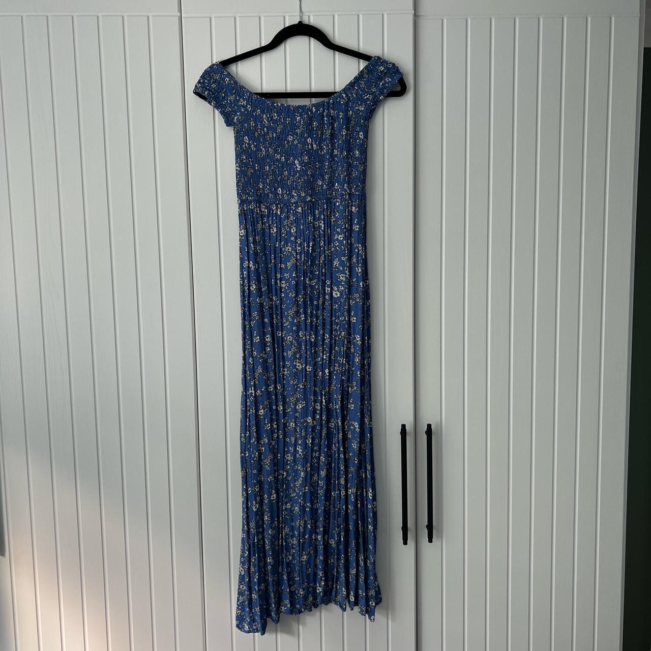 Blue floral floaty midi dress with bardot neckline... - Depop