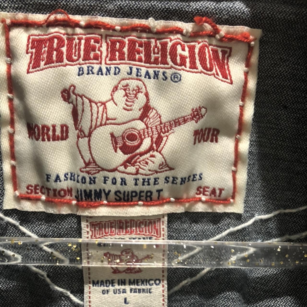 TRUE RELIGION DENIM JACKET WITH WHITE PIPING Super... - Depop