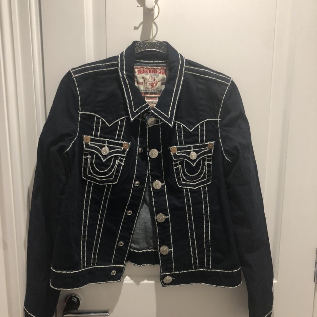 TRUE RELIGION DENIM JACKET WITH WHITE PIPING Super... - Depop