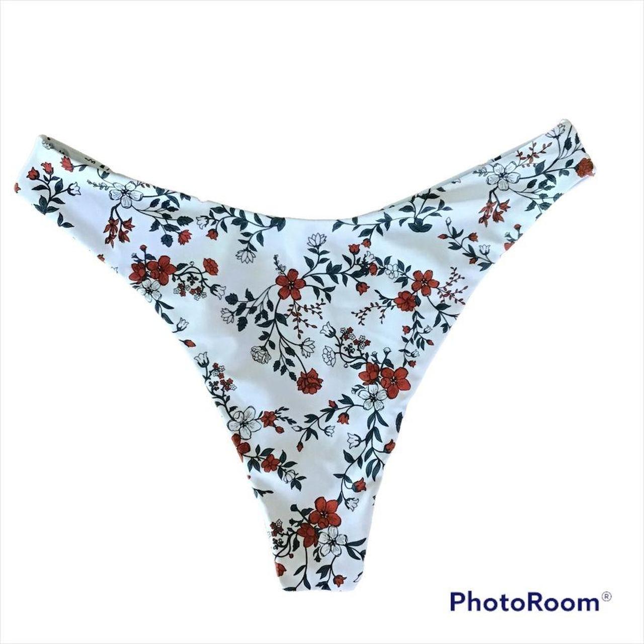 Shein Floral Thong Bikini Bottom Medium White Red... - Depop