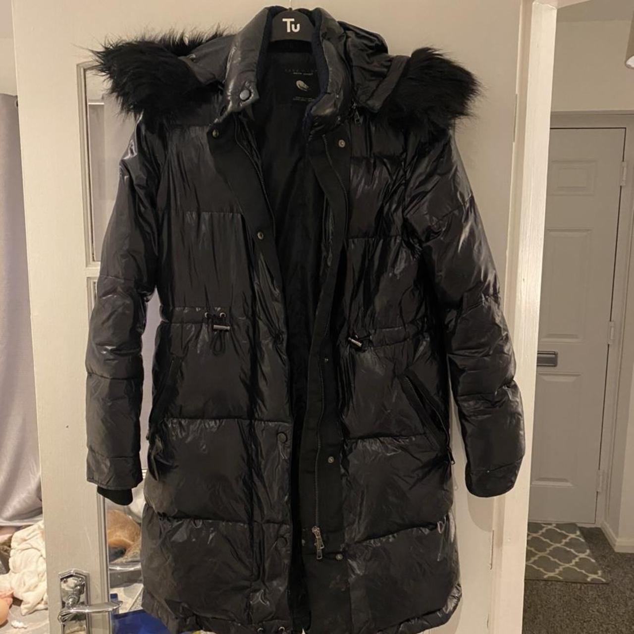 Zara shiny black coat size xsmall detachable hood - Depop