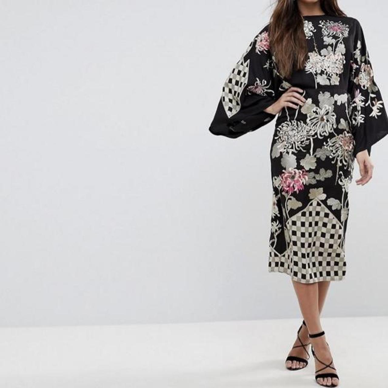 Asos patchwork embroidered midi kimono dress Black. Depop