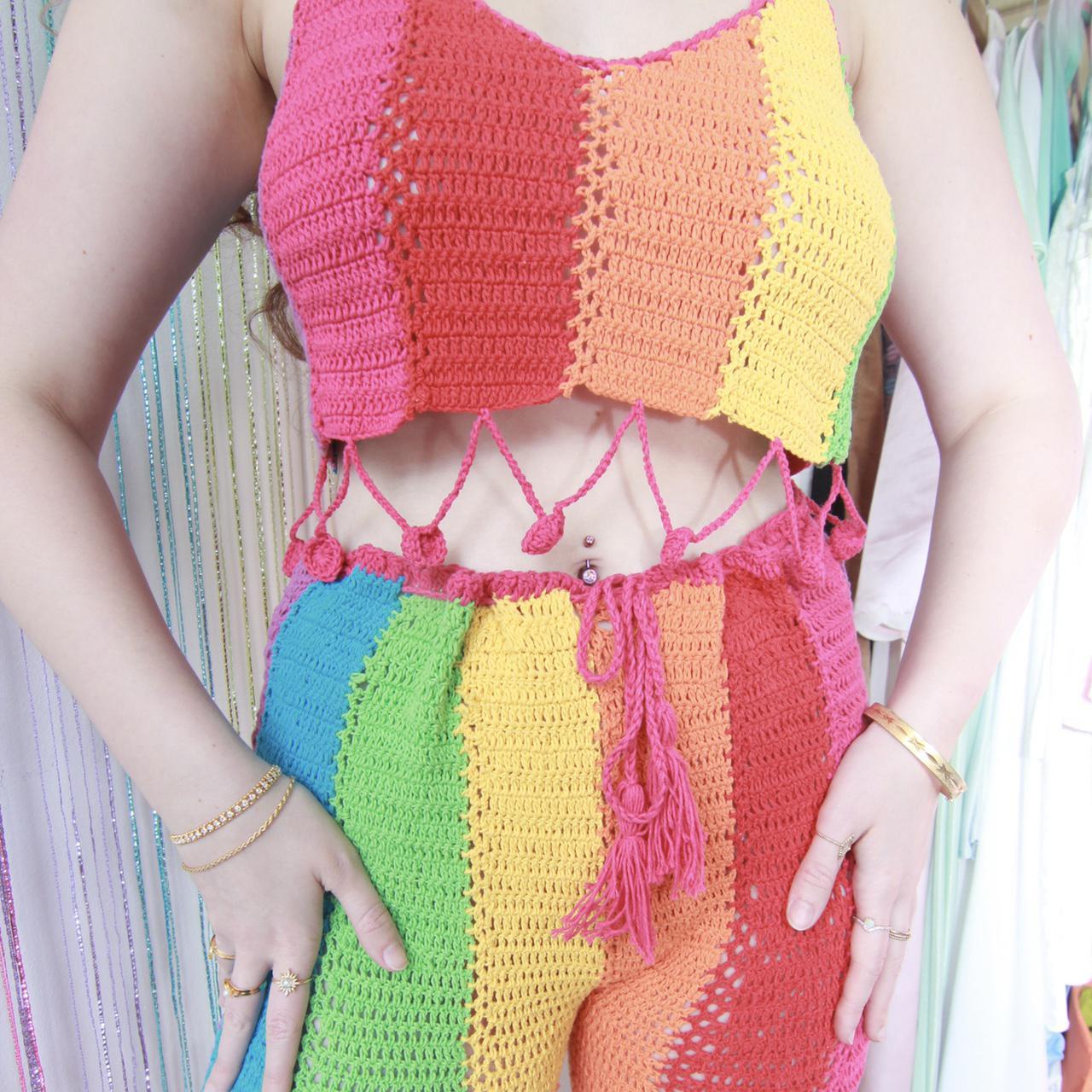 Rainbow crochet matching crop top & flares set... - Depop