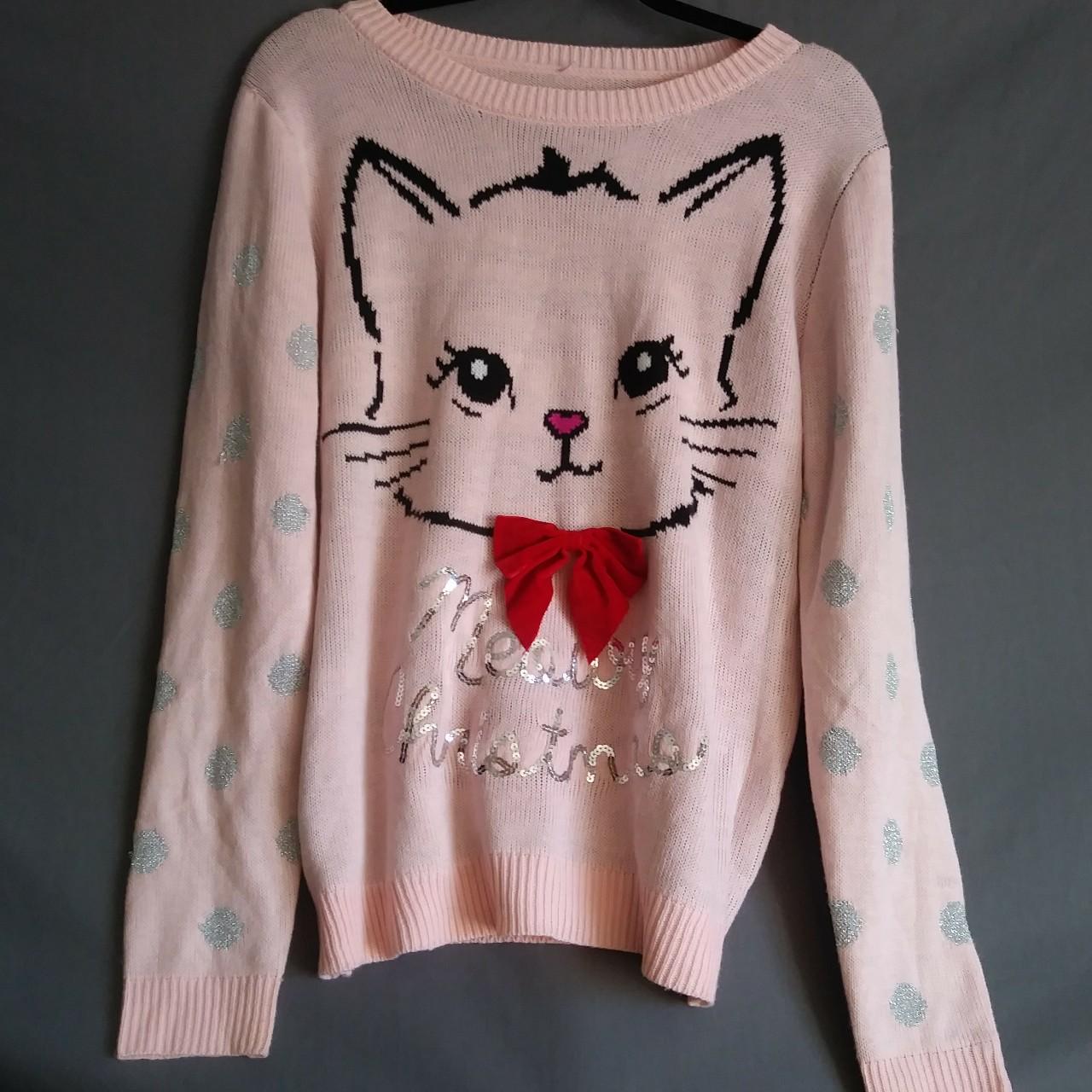 Pink ugly christmas sweater with cat with red bow Depop