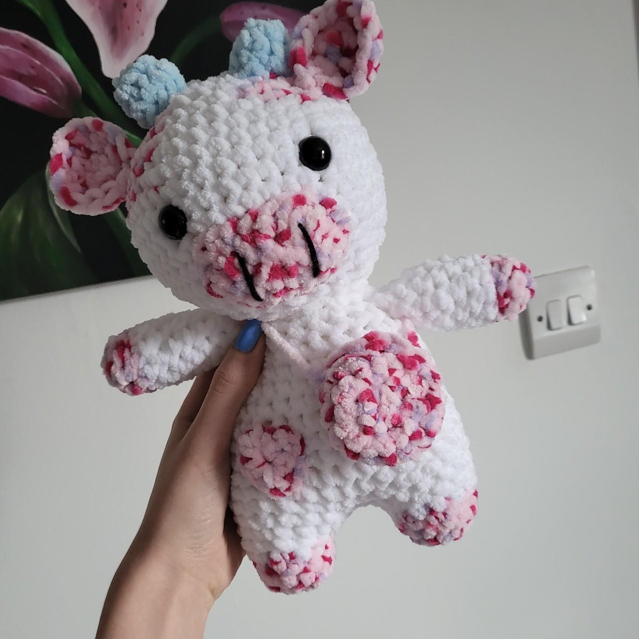 Handmade crochet pink and white cow plush toy... - Depop