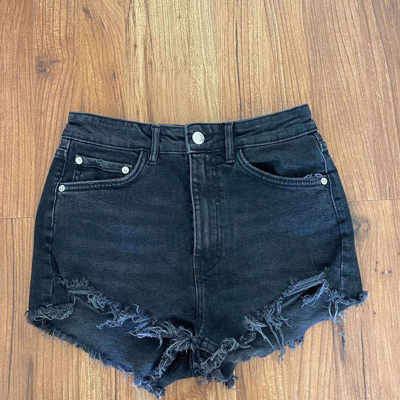 Black ripped jean shorts. High-rise. Size small, 4. - Depop