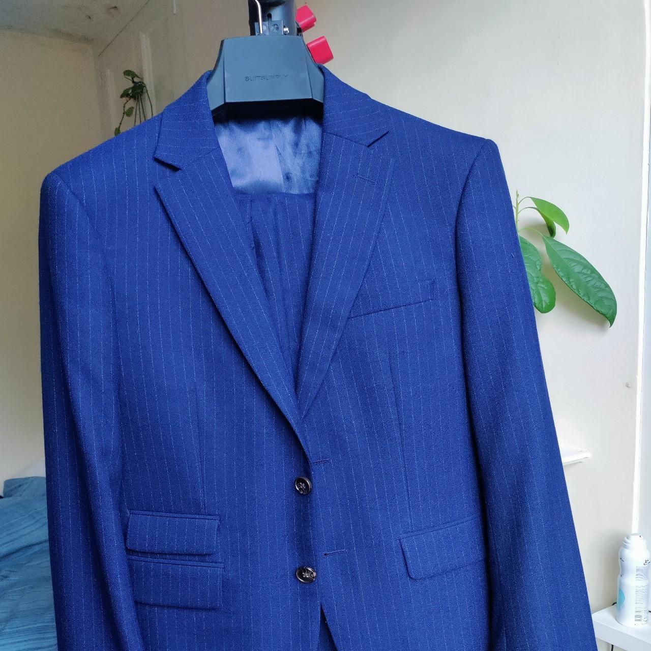 Wool navy pinstripe skinny Moss Bross suit (jacket &... Depop