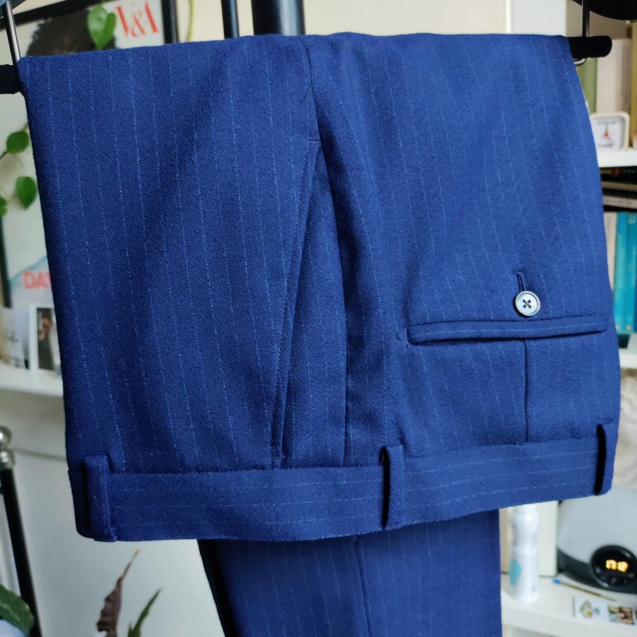 Wool navy pinstripe skinny Moss Bross suit (jacket &... Depop