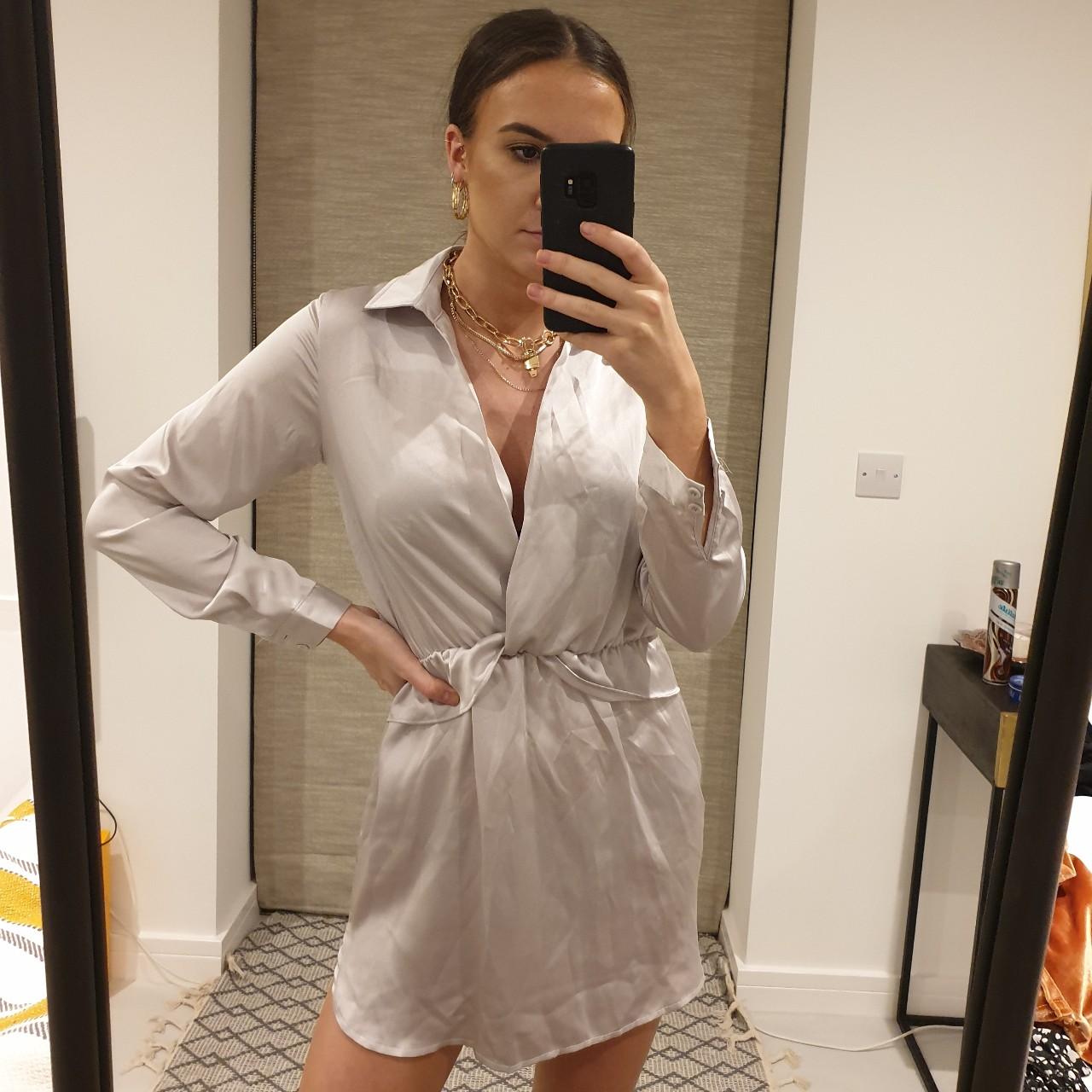 Champagne satin ruched shirt dress outlet