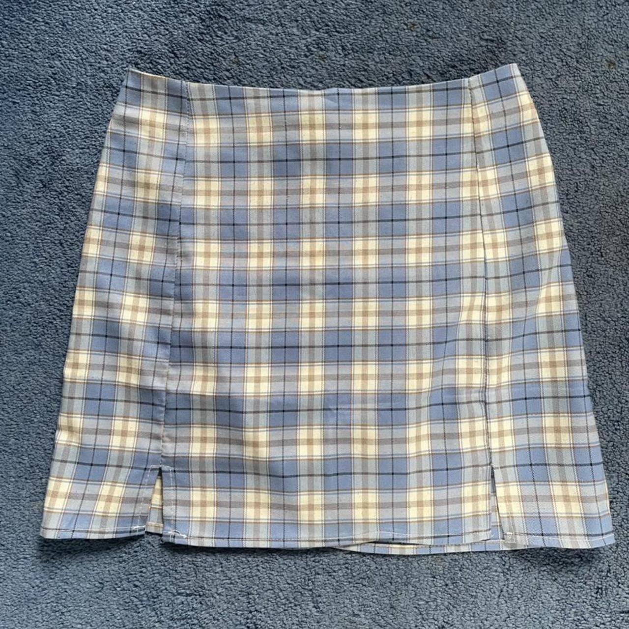 Medium blue and cream check skirt from Shien - it... - Depop