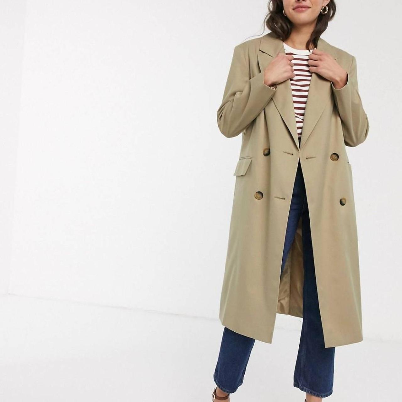 Asos classic long crepe trench coat in Stone Beige... Depop