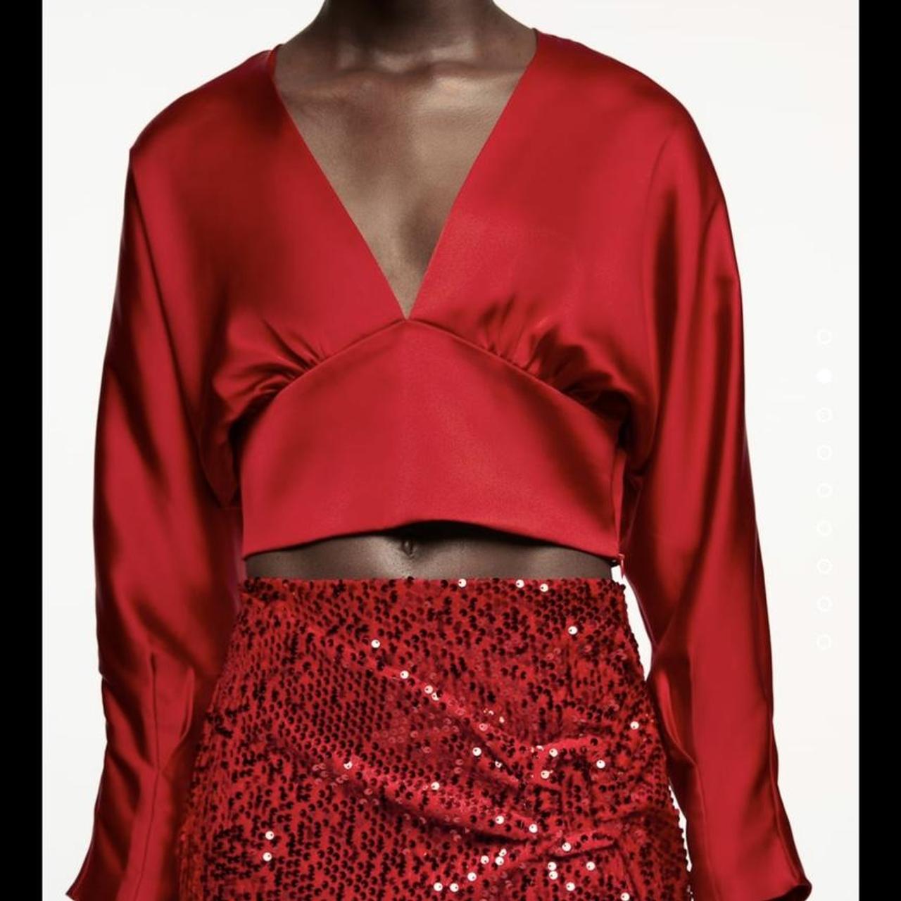 Gorgeous Satin Red Zara Blouse Top Cropped Size... - Depop