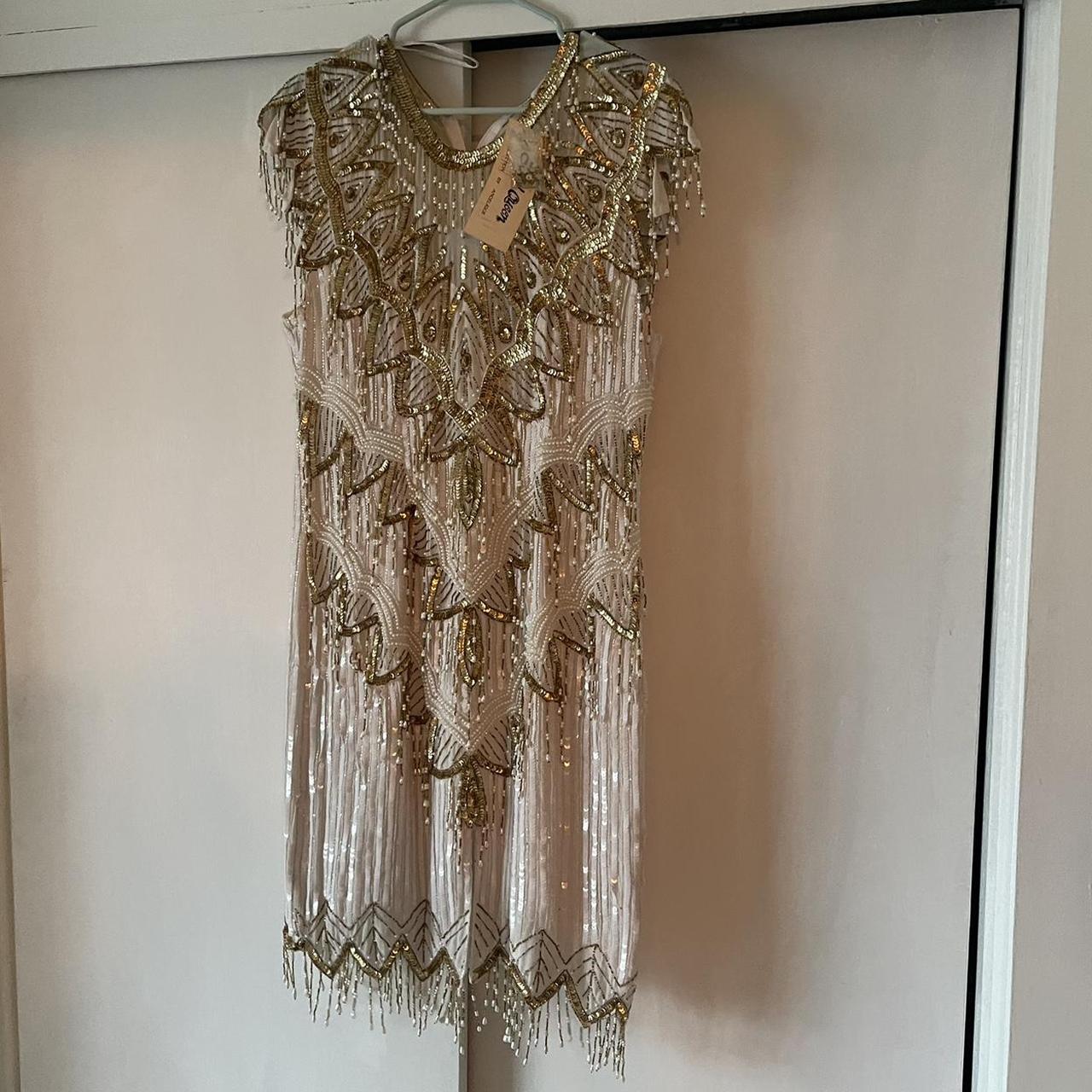 80s Art Deco beaded tassel dress brand new large... - Depop