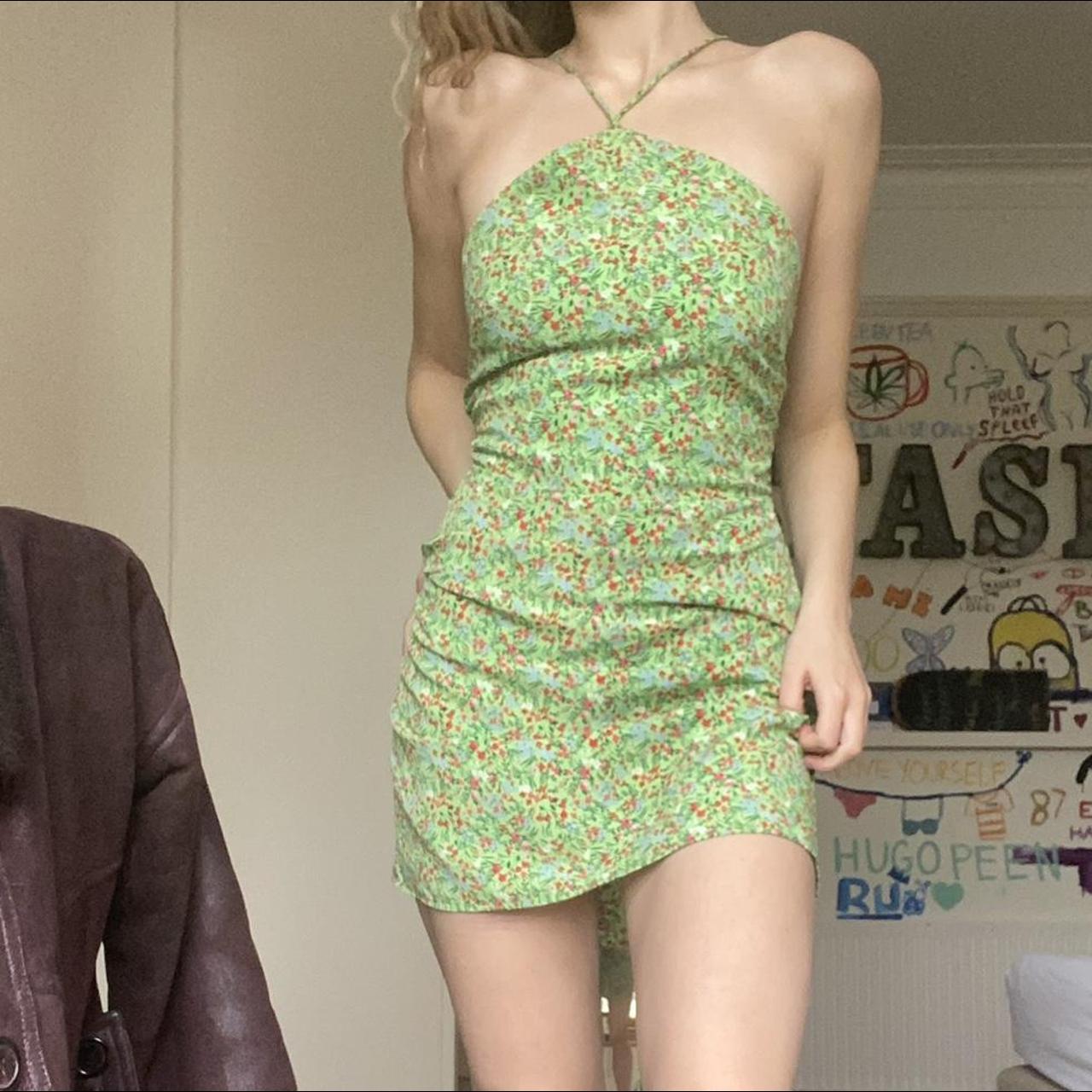 Green Floral Halter Neck Summer Minidress With Tie Depop