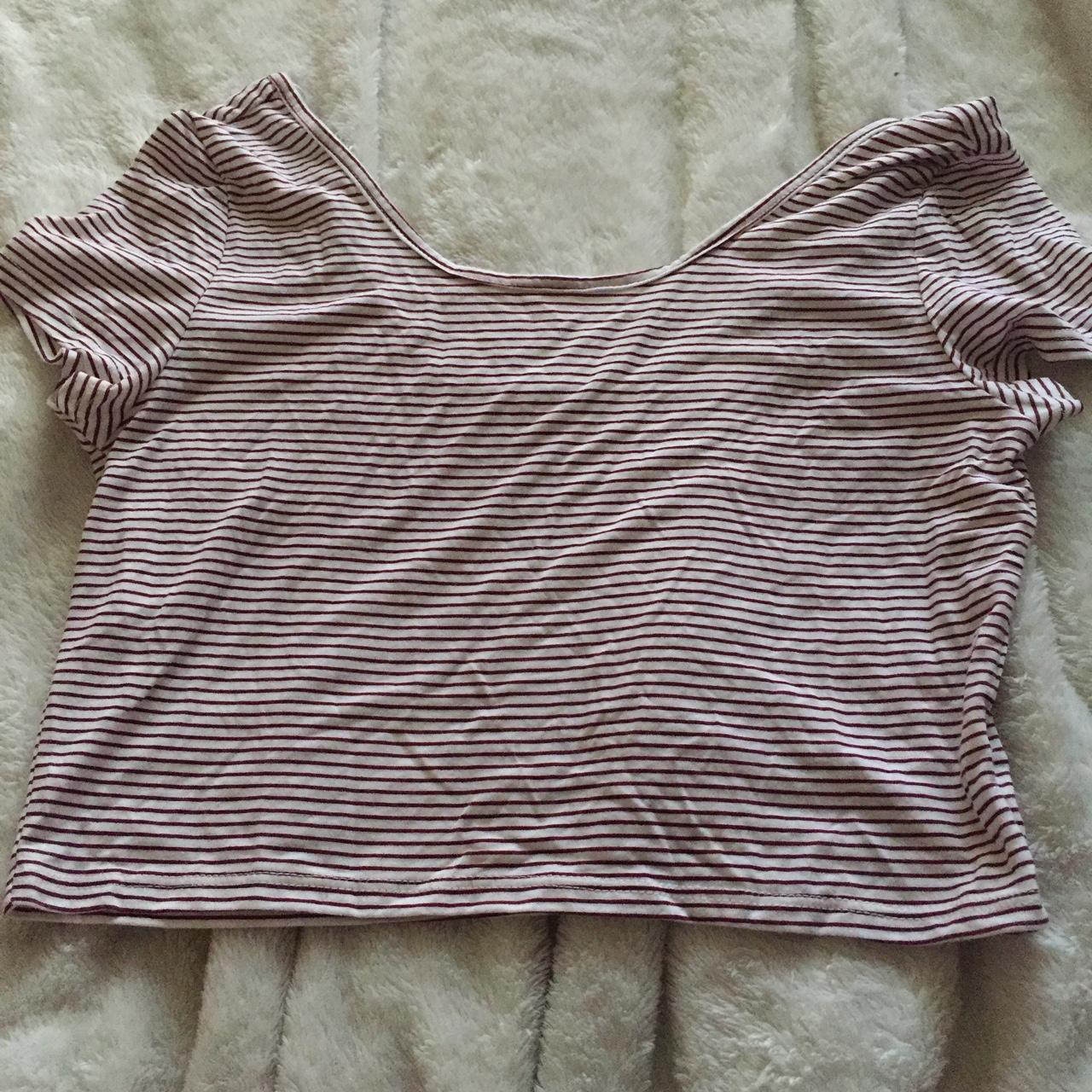 Adorable red (maroon ish) and white striped crop top... - Depop