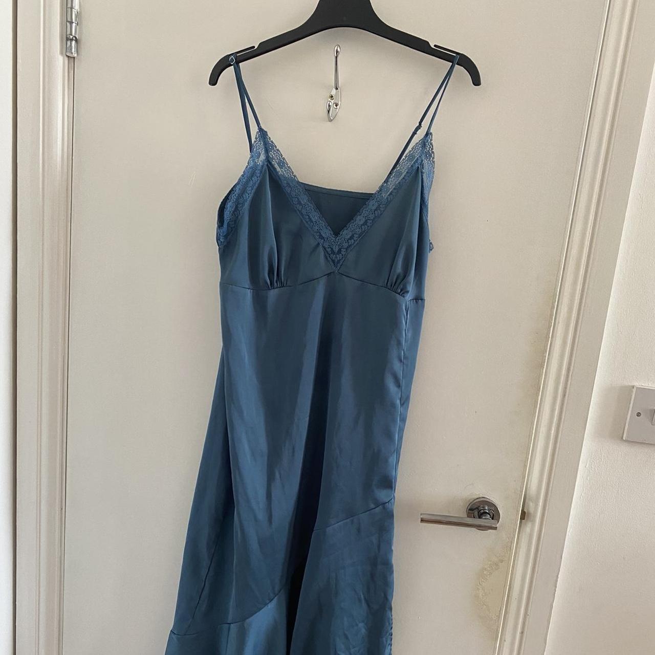 Vintage blue/turquoise silk midi dress with lace and... - Depop