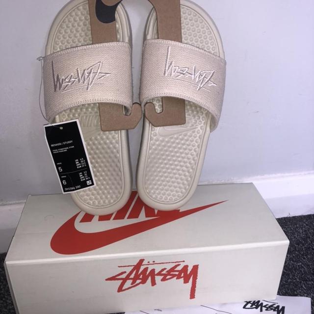 Stussy Bennassi Nike sliders in fossil Brand new... - Depop