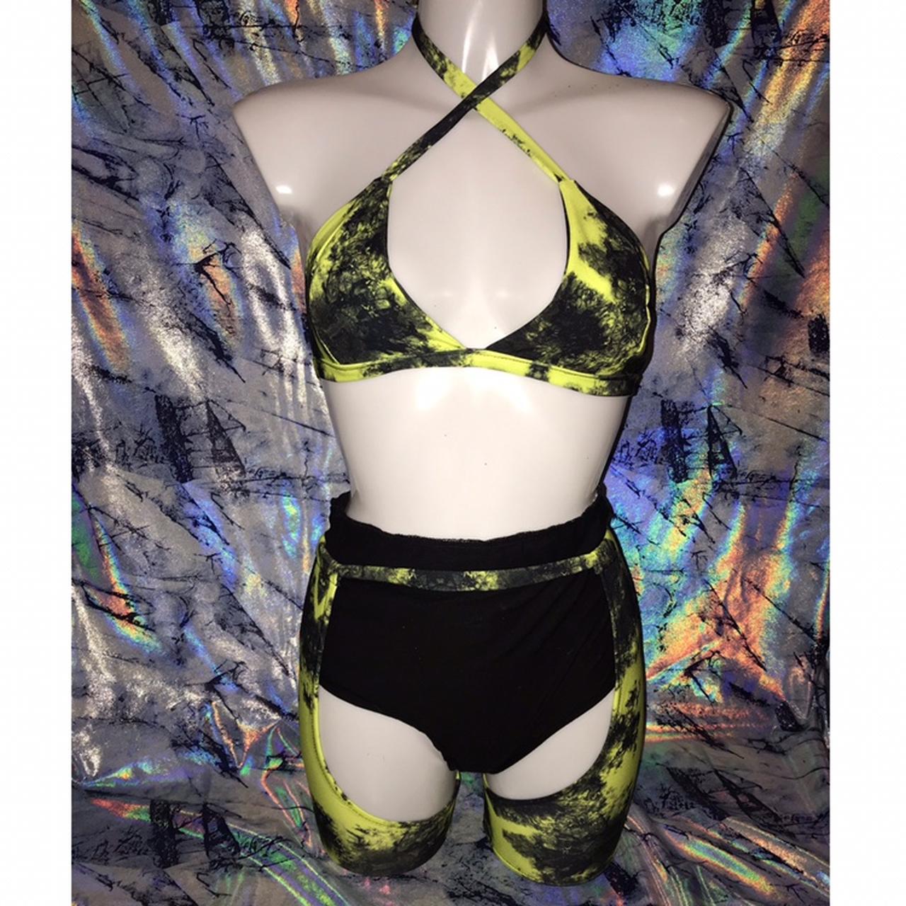 Neon/slime green tie dye print mini assless chaps... - Depop