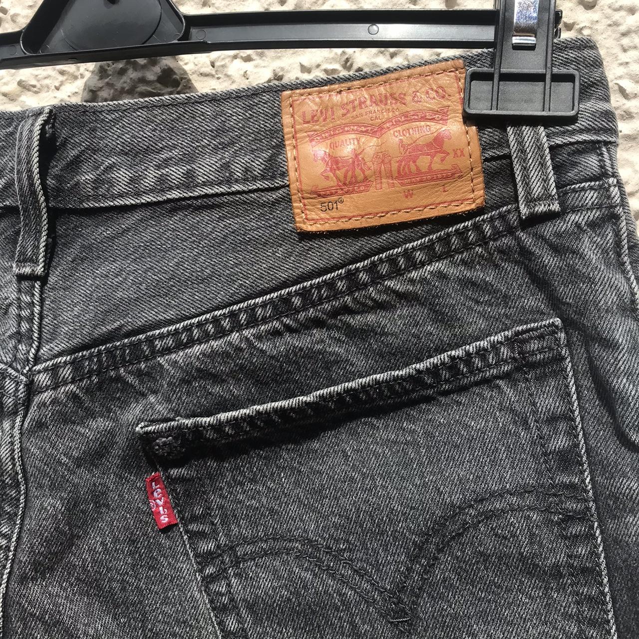 Black rip denim Levi’s original 501 shorts, waist is... - Depop