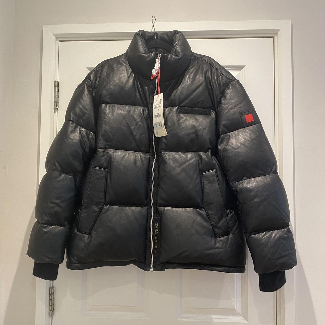ZARA SRPLS ダウンジャケット Zara SRPLS Leather Black Puffer Coat with orange | Depop