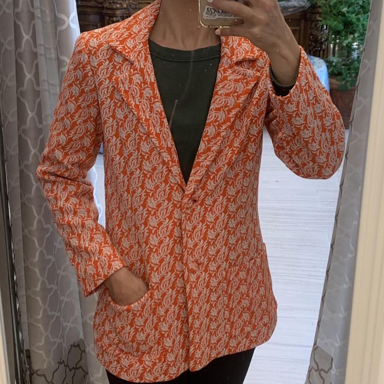 Vintage Jacquard Orange and White Blazer with... Depop