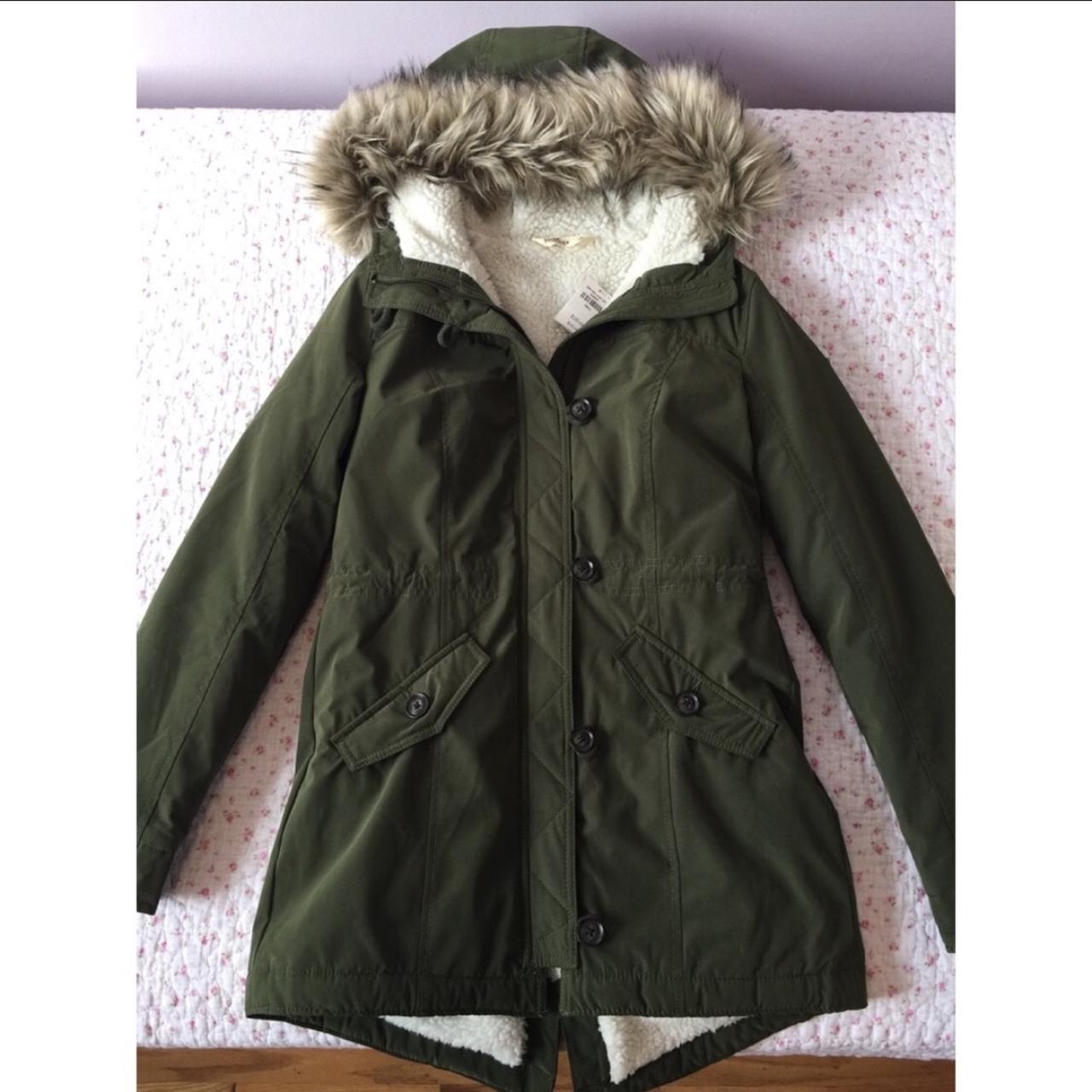 HOLLISTER SHERPA LINED PUFFER JACKET COAT OLIVE GREEN WOMENS SIZE MEDIUM