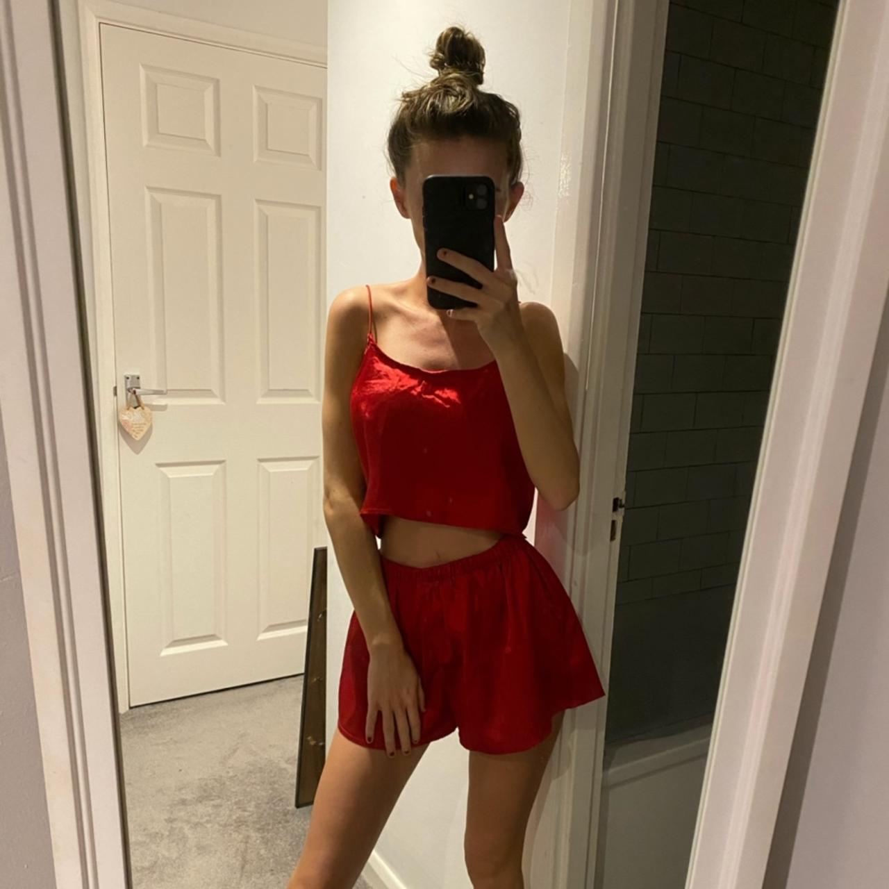 PLT Red Satin feel Pyjama Short and Crop Depop